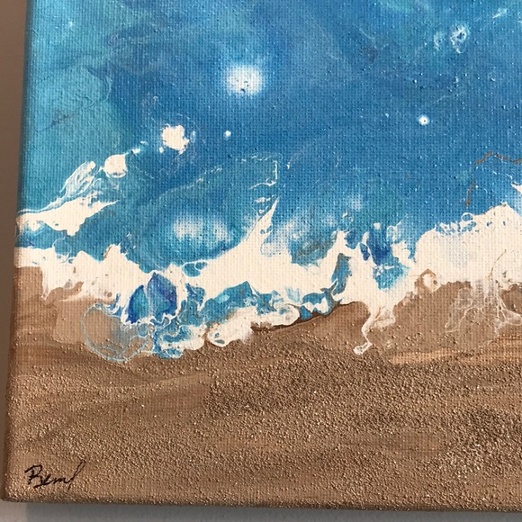 10 x 20” beach ocean abstract painting signed by artist gold jewelry shells - Picture 3 of 5
